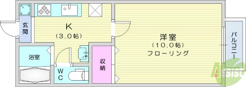 ヒルクレスト(1K/2階)の間取り写真