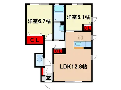 エレガンスコート水城II(2LDK/1階)の間取り写真