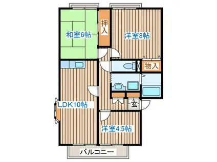 サンビレッジ南富ケ丘K棟(3LDK/2階)の間取り写真