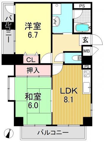 サニーハイツ金田II(2LDK/5階)の間取り写真