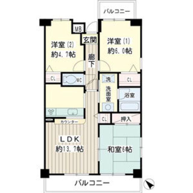 北寺尾大滝マンション(3LDK/4階)の間取り写真