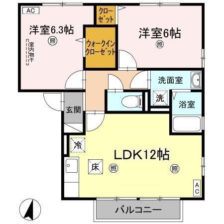ルピナスかもべ(2LDK/1階)の間取り写真