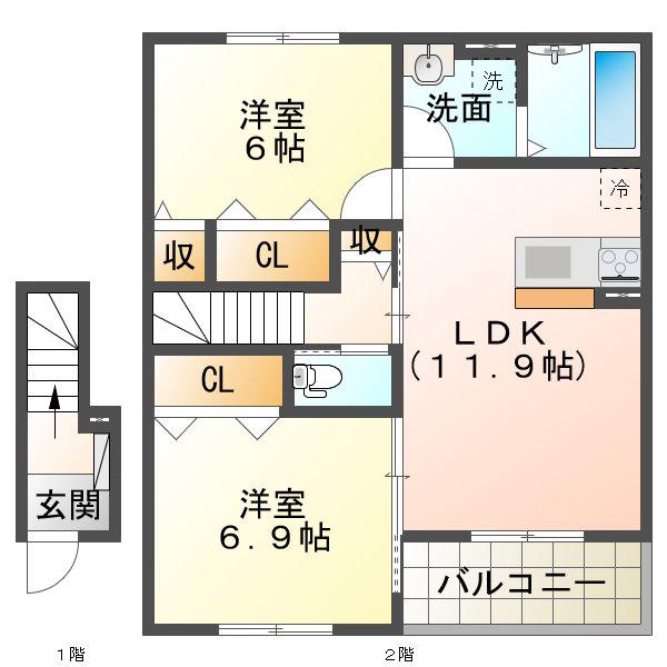 ポポラ オオツ II(2LDK/2階)の間取り写真