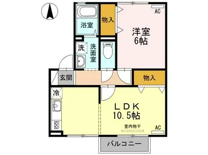 シャルマン笹沖B棟(1LDK/2階)の間取り写真