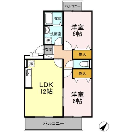 アルファタウン秦野新町 B棟(2LDK/2階)の間取り写真