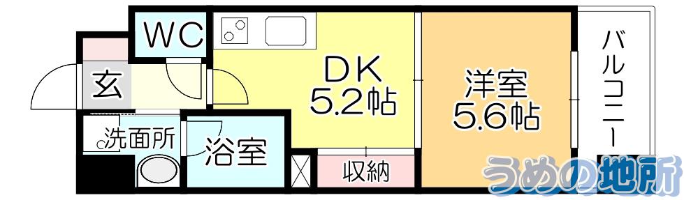 ルネッサンス21久留米六ツ門(1DK/4階)の間取り写真