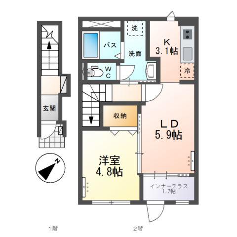 那珂市菅谷字寄居 アパート(1LDK/2階)の間取り写真