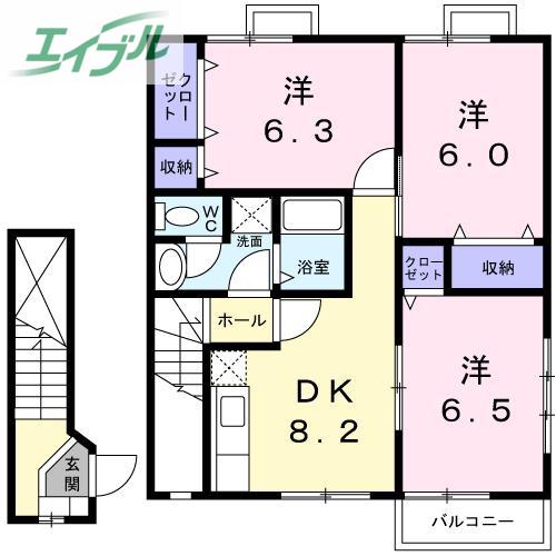 岡山電軌清輝橋線 清輝橋駅 徒歩33分 2階建 築27年(3DK/2階)の間取り写真