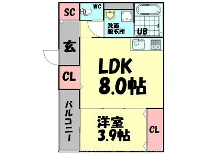 ジーメゾン泉佐野新町クオジエレ(1LDK/2階)の間取り写真