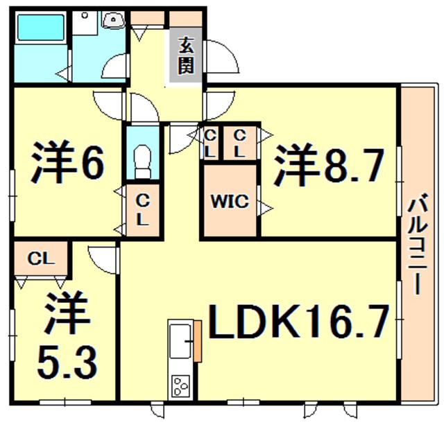 ハイムさくら夙川(3LDK/3階)の間取り写真