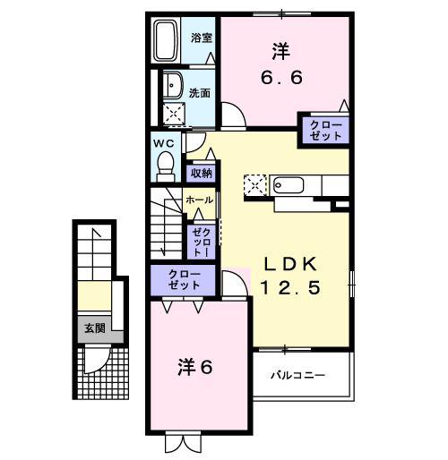 ウナ カーサ デラ ルーチェB(2LDK/2階)の間取り写真
