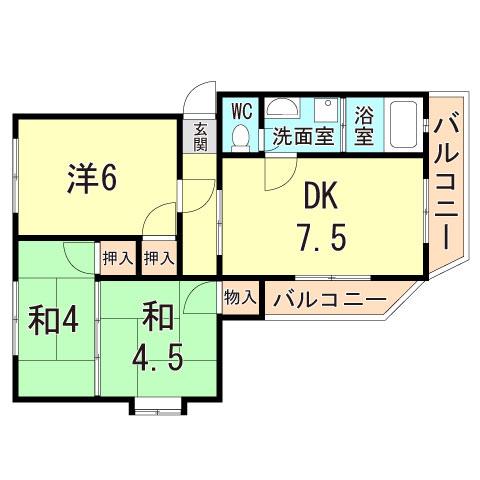 りばぁさいど多聞(3DK/2階)の間取り写真