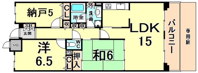 甲子園三番町ハイツ(2SLDK/1階)の間取り写真