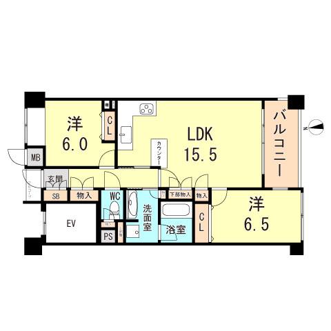 甲子園四番町パークハウス(2LDK/1階)の間取り写真