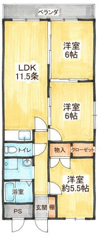 ウエストサイド樟葉(3LDK/5階)の間取り写真