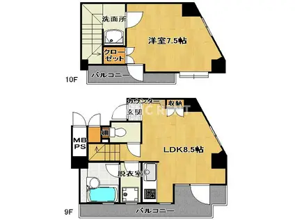ダイナコート西新(1LDK/9階)の間取り写真
