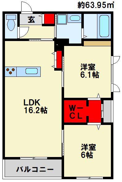 メゾンルポア大里(2LDK/1階)の間取り写真