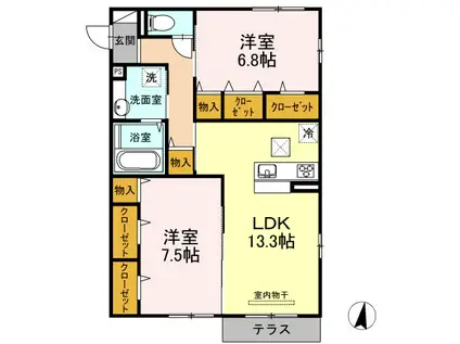 ボヌール シェソワ(2LDK/1階)の間取り写真