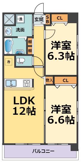 カーヨパレス鳴尾(2LDK/5階)の間取り写真