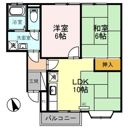 ジュネス定田(2LDK/2階)の間取り写真