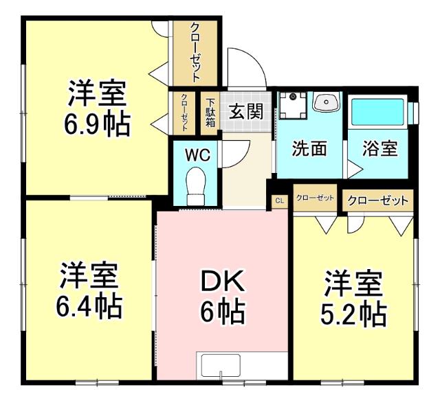 アリッサムKA棟(3DK/1階)の間取り写真