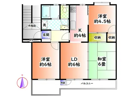 東向地団地 7号棟(3LDK/4階)の間取り写真