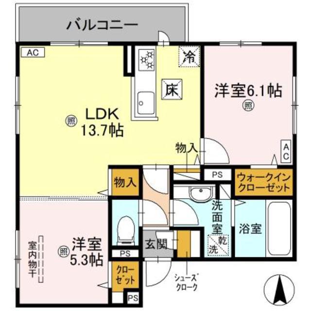 GRAMM東小野堀町ウエスト(2LDK/1階)の間取り写真