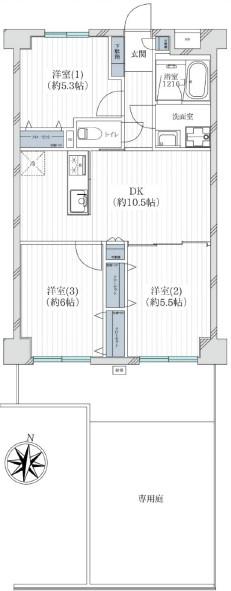 朝霞台マンション(3LDK/1階)の間取り写真