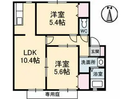 ウィンディアUWABARA B棟(2LDK/1階)の間取り写真