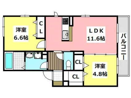 豊川モリハイツ B棟(2LDK/3階)の間取り写真
