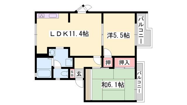 ベルハイツ野里A棟(2LDK/2階)の間取り写真