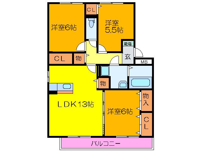 アピテ高安(3LDK/2階)の間取り写真