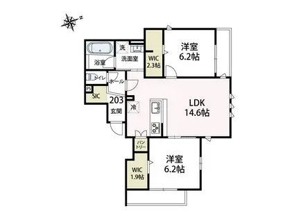 ルガロ ノイエス(1LDK/2階)の間取り写真