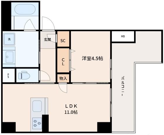 TERRACE RESIDENCE SHIN-OSAKA(1LDK/4階)の間取り写真