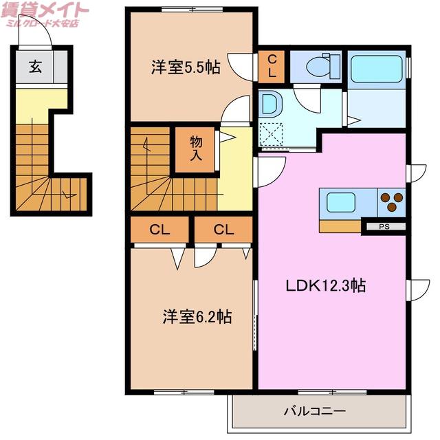雪月花 B棟(2LDK/2階)の間取り写真