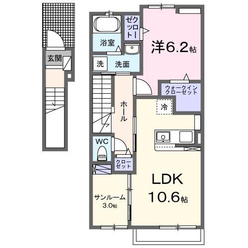 オーリュー下三緒(1LDK/2階)の間取り写真