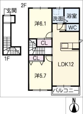 カゼノモリ(2LDK/2階)の間取り写真
