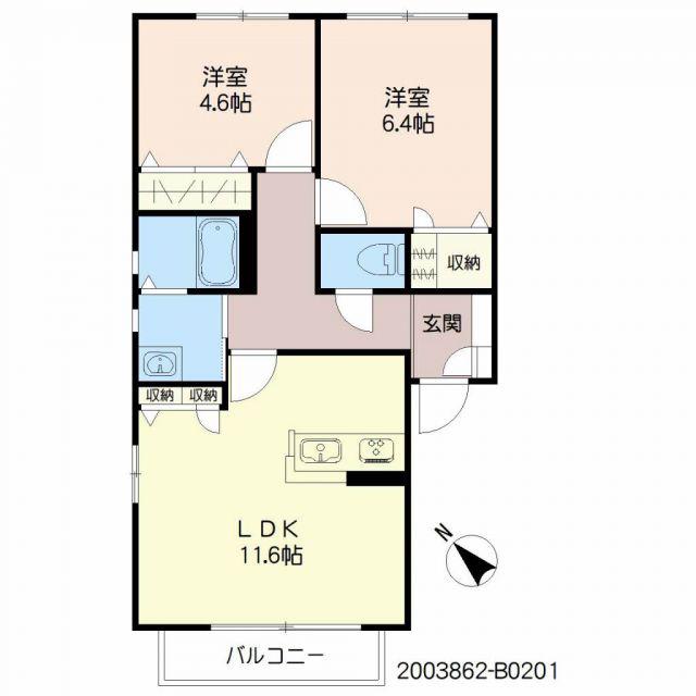 フェリーチェ学研台II B棟(2LDK/2階)の間取り写真