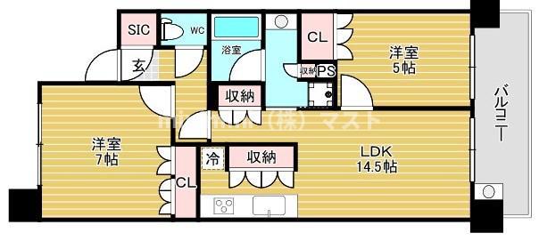シャリエなんばファースト(2LDK/3階)の間取り写真