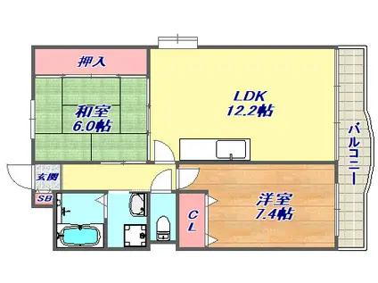 ハイネス岡本(2LDK/3階)の間取り写真