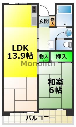 津久野南3棟(2DK/6階)の間取り写真