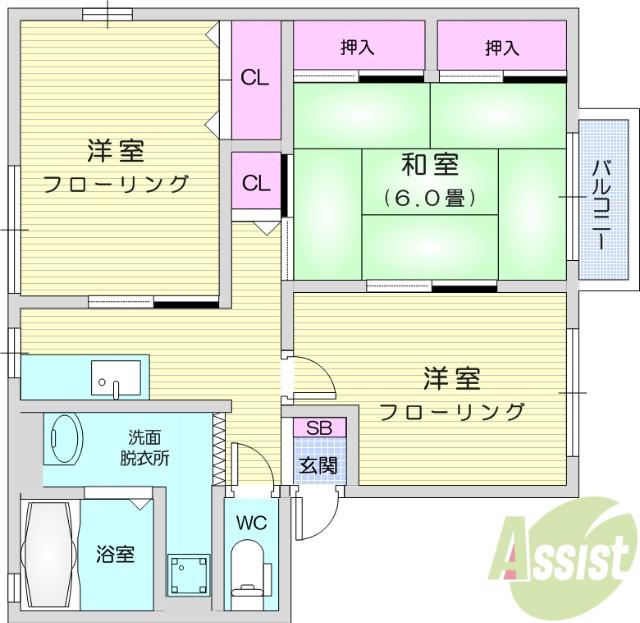 シティハイム シャトル B棟(3K/2階)の間取り写真