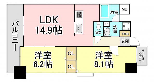 グランドツイン黒崎 A棟(2LDK/5階)の間取り写真