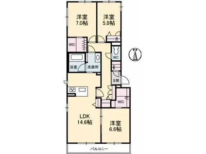 キヨール東原 B棟(3LDK/2階)の間取り写真