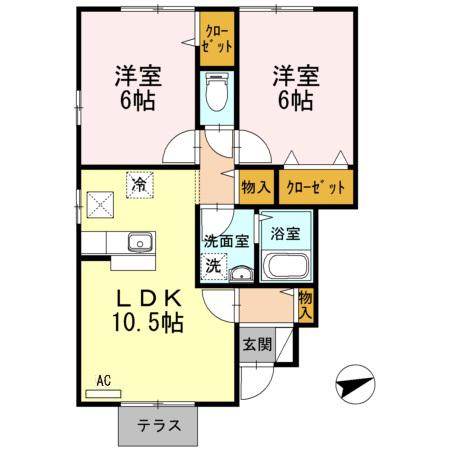 ローズコートヤマサB棟(2LDK/1階)の間取り写真