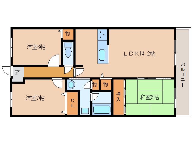 ライオンズヒルズ生駒(3LDK/5階)の間取り写真