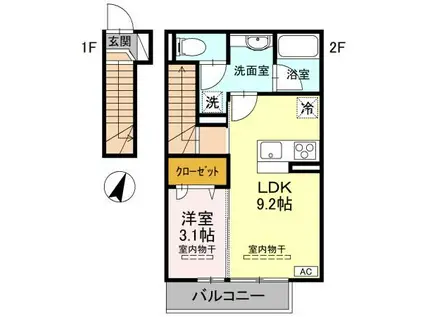 グリーンリーフ(1LDK/2階)の間取り写真