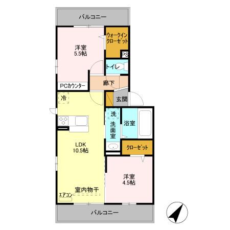 ラ・グラシューズ B(2LDK/2階)の間取り写真