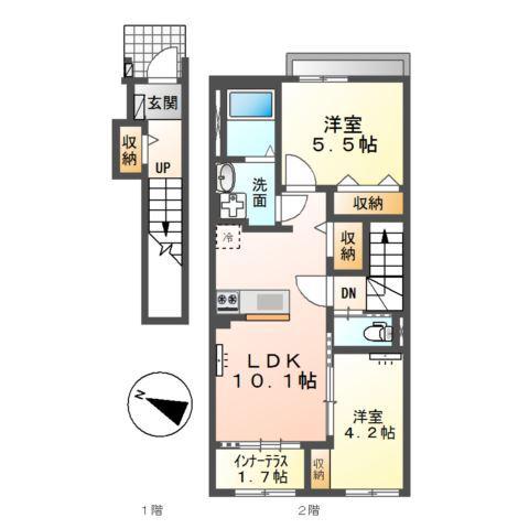 プレミエール岡ノ堂(2LDK/2階)の間取り写真