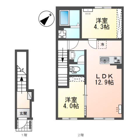 南区下石田2丁目アパート B棟(2LDK/2階)の間取り写真